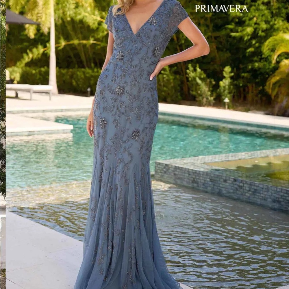 Striking Slate Blue Primavera Couture Embellished Evening Gown